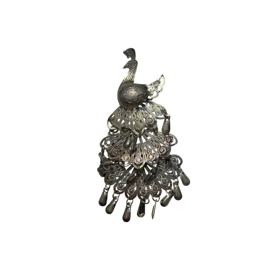 Vintage Silver Tone Intricate Filigree Openwork Layered Peacock Brooch Pin